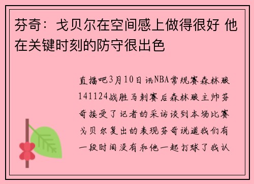 芬奇：戈贝尔在空间感上做得很好 他在关键时刻的防守很出色
